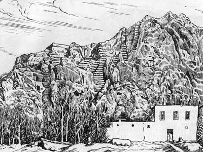 Зарисовка Ванской скалы первыми археологами Урарту