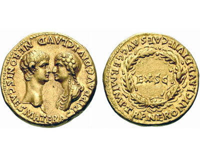 Золотой ауреус с изображением Нерона и Агриппины — 54 год.