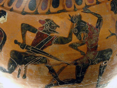 Сражение Тесея с Минотавром на древнегреческой вазе середины VI в. до н. э.
