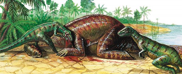 Хищные динозавры юрского периода и их жертва — травоядный брахиозавр