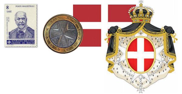 Почтовая марка, монета, флаг и герб Мальтийского ордена