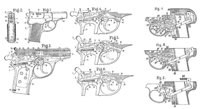 Рисунки из двух британских патентов на самозарядный пистолет с самовзводным ударно-спусковым механизмом — А. Томишки 1908 г. и С.А. Коровина 1912 г.