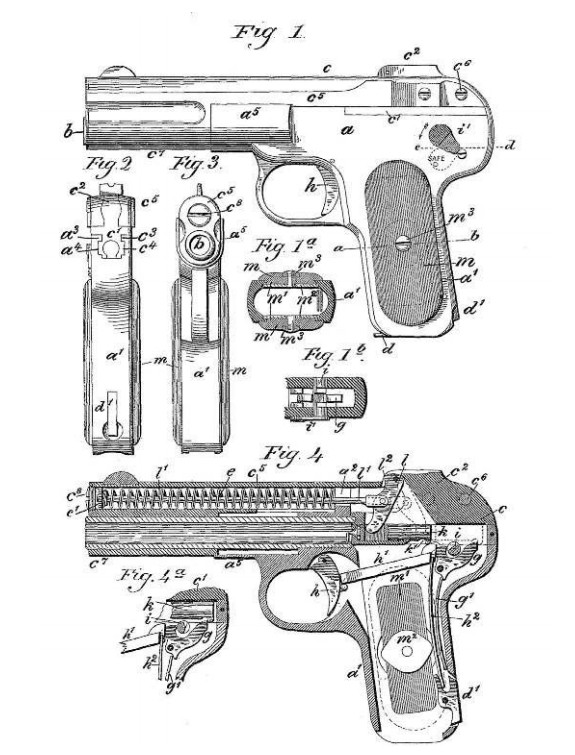 Рисунок из американского патента Дж. М. Браунинга от 1899 г. на систему пистолета, реализованную в модели 1900 г.