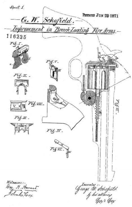 Рисунок из патента Дж. Скофилда на систему перезаряжания револьвера, использованную в схеме «Смит энд Вессон»