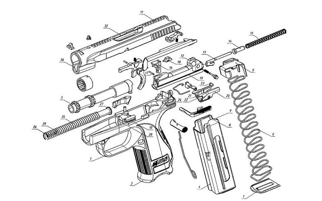 Детали и сборки пистолета ГШ-18 (из патента ФГУП «КБП» от 2001 г.)