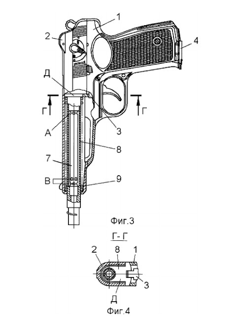 Схема крепления глушителя и расширительной камеры пистолета АПБ (из российского патента ОАО «Вятско-полянский машиностроительный завод «Молот» от 2007 г.)