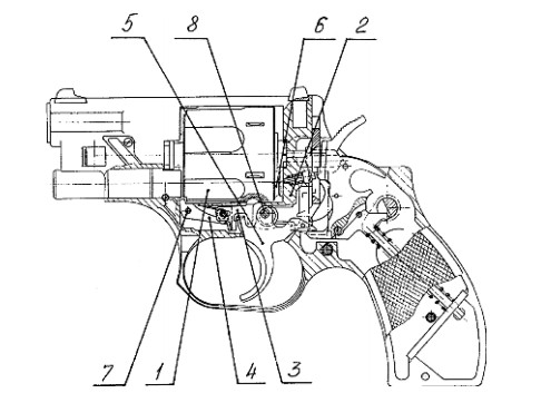 Схема устройства «револьвера под бесшумный патрон» из российского патента ФГУП «КБП» от 2004 г.