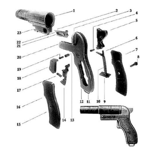 Общий вид, детали и сборки 26-мм сигнального пистолета СПШ обр.1944 г.