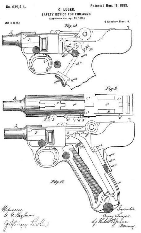 Схема автоматического предохранителя самозарядного пистолета из американского патента Г. Люгера от 1899 г