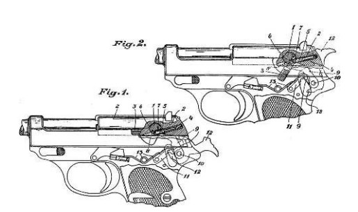 Схема устройства ударно-спускового механизма самозарядного пистолета из германского патента фирмы «Карл Вальтер» (на имя Фрица Вальтера и Вальтера Хаасенштейна) от 1942 г