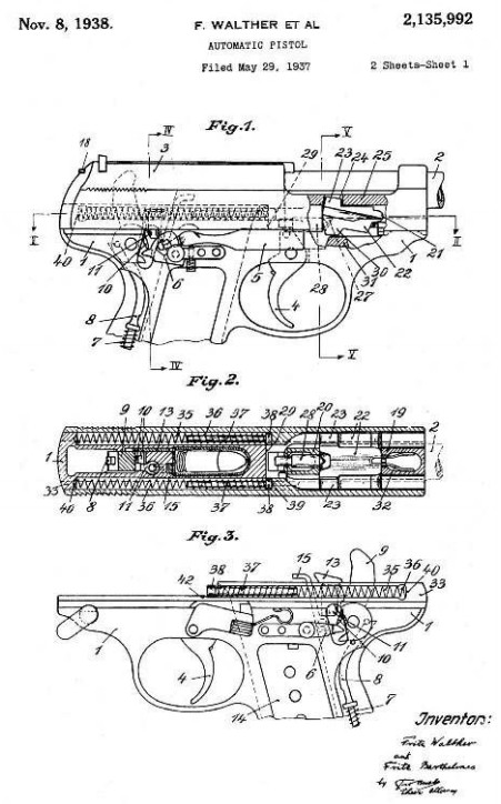 Схема устройства самозарядного пистолета из американского патента фирмы «Карл Вальтер» от 1939 г. (соответствует опытному HP)
