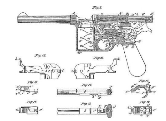 Схема устройства самозарядного пистолета из британского патента П.П. Маузера от 1896 г.