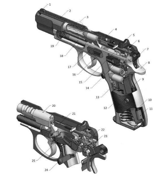 Трехмерная схема устройства механизмов пистолета CZ75