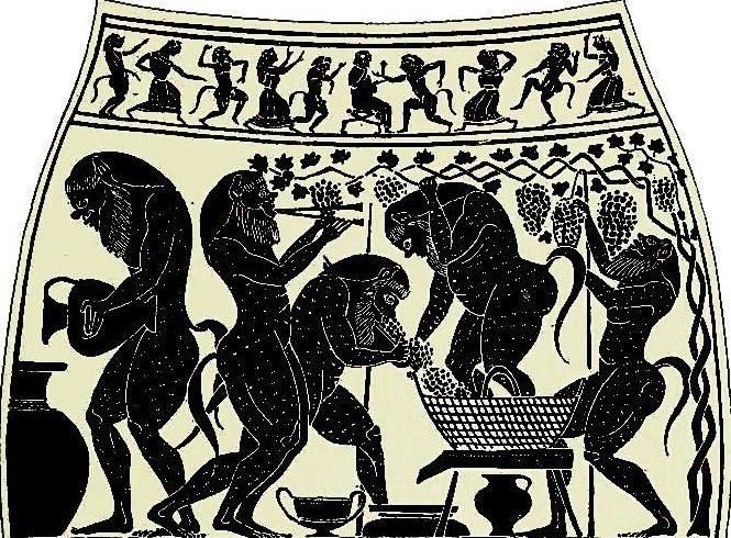 Сатиры собирают виноград. Фрагмент росписи древнегреческой вазы