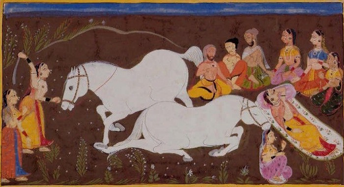 Царица Каушалья приносит в жерт ву коней. Индийская средневековая иллюстрация к «Рамаяне»