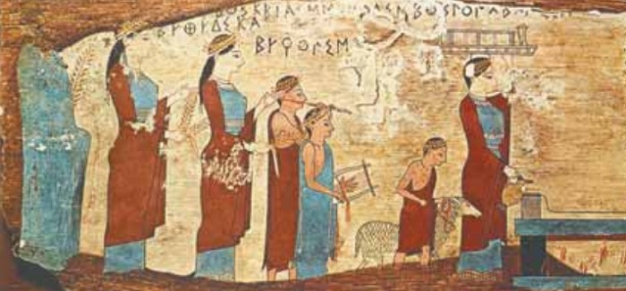 Жертвоприношение овцы в Древней Греции, роспись по дереву, VI в. до н.э.