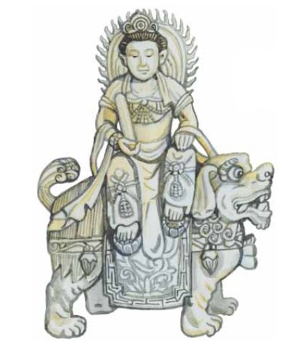 Бодхисатва Гуан Юн верхом на собаке. С китайской средневековой скульптуры