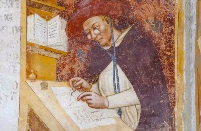Первое изображение очков. Фреска Томмазо да Модена из церкви г. Тревизо. Италия. 1352 г.