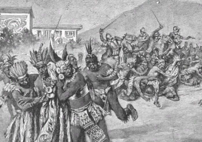 Испанский генерал Франциско Писарро побеждает инков в бою