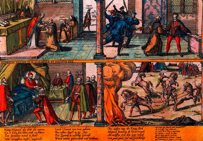 Ф. Хогенберг. Убийство Генриха III и казнь его убийцы Жак а Клемана. Раскрашенная гравюра. Конец XVI в. 