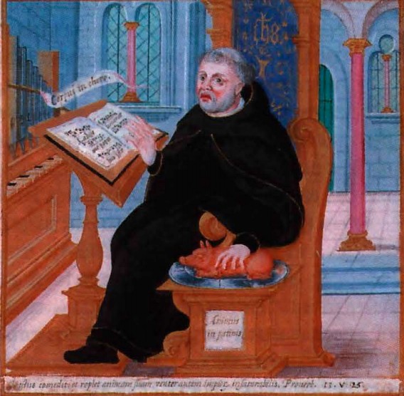 «Прожорливый аббат» — монах в церкви с книгой хоралов и жареным поросёнком. Англия. 1567 г. 
