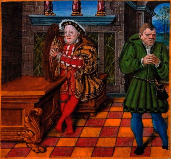 Генрих VIII, играющий на арфе, подобно царю Давиду, и королевский шут Уилл Сомерс. Иллюстрация из Королевской Псалтири. 1530-1547 гг.