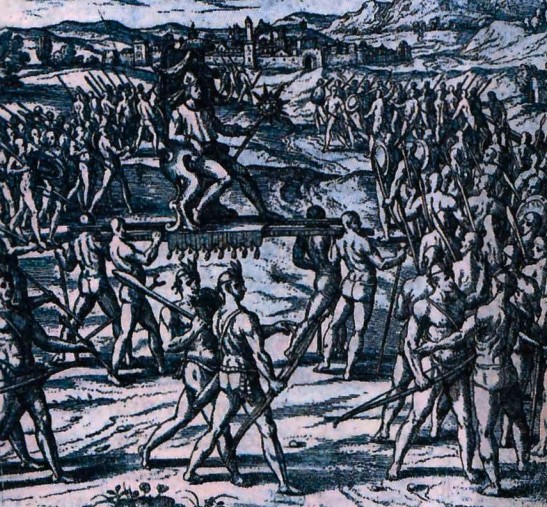 Атауальпа отправляется на встречу с Писарро. Гравюра из «Истории Латинской Америки и Антильских островов». 1500-1534 гг. 