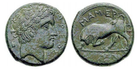 Монета мамертинцев с изображением излюбленного итало-сицилийского сюжета – бодающегося быка 