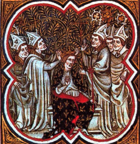 Папа Лев III коронует Карда Великого императорской короной. Средневековая миниатюра