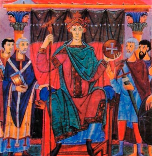 Император Оттон III на троне в окружении придворных. Миниатюра. XI в.