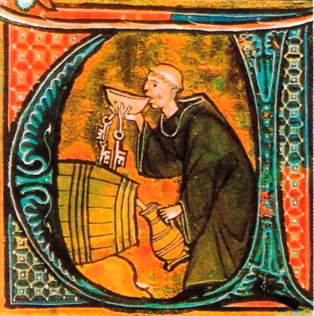 Монах пьёт вино. Средневековая миниатюра
