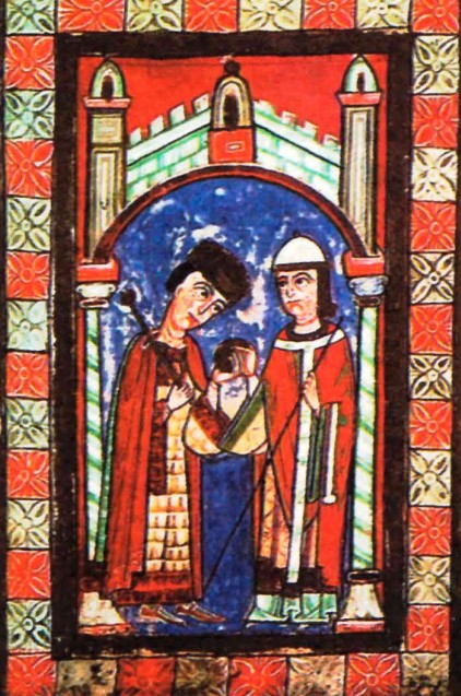 Генрих V и Папа Пасхалий II во время спора об инвеституре. Миниатюра. XII в.