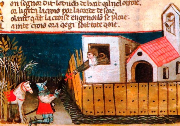 Монах даёт распятие рыцарю, отправляющемуся в Крестовый поход. Средневековый рисунок