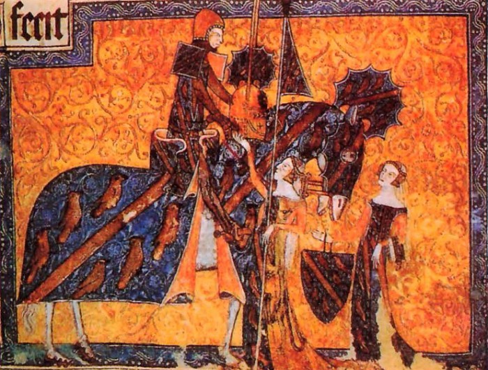 Рыцарь прощается с семьёй. Миниатюра. Англия. XIV в.