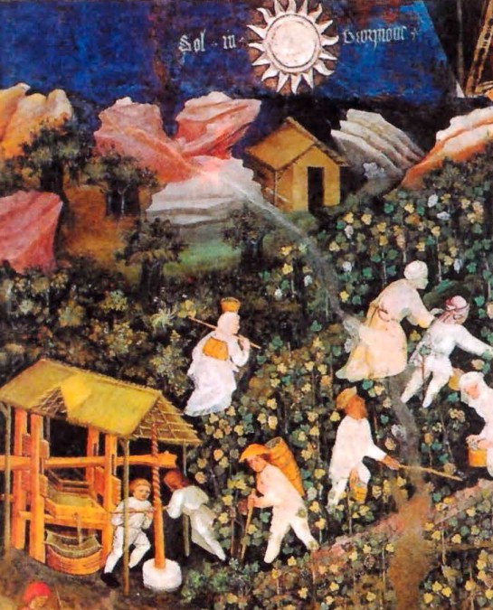Крестьяне собирают и давят виноград. Фреска. Фрагмент. Италия. XIV в.