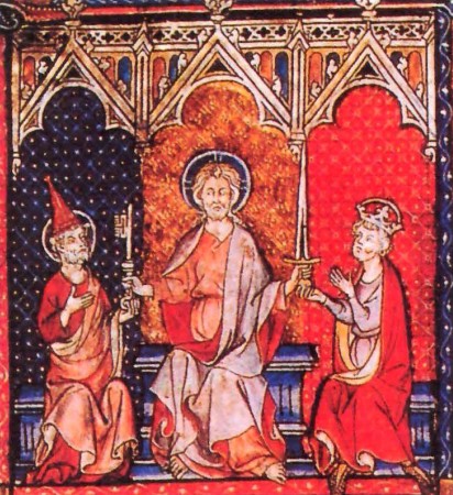Христос вручает ключ Папе, а меч — императору. Миниатюра. Англия. XIII в.