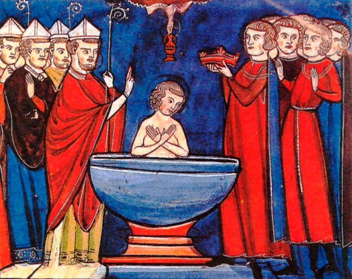 Крещение Хлодвига. Миниатюра из Жития святого Дионисия. Середина XIII в.