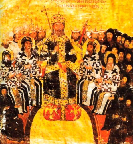 Император Иоанн VI Кантакузин председательствует на церковном соборе в 1351 г. Миниатюра из византийской рукописи