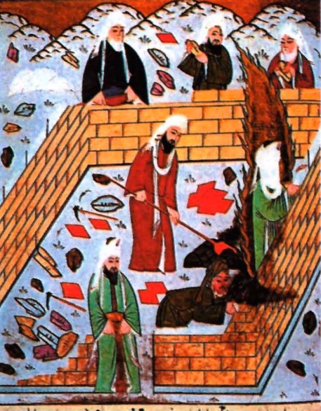 Мухаммад наблюдает за строительством первой мечети. Миниатюра. XVI в.