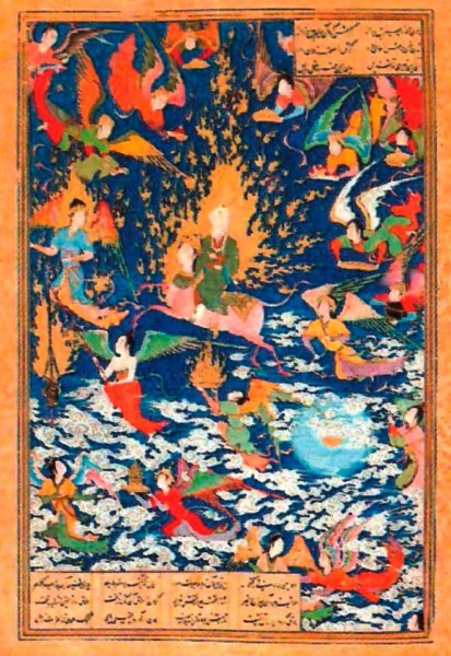 Пророк Мухаммад поднимается на небеса. Персидская миниатюра. XVI в.