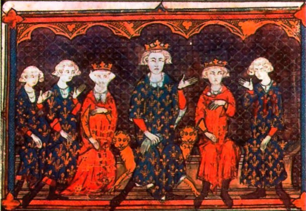 Филипп IV Красивый с наследниками в окружении советников. Миниатюра. Франция