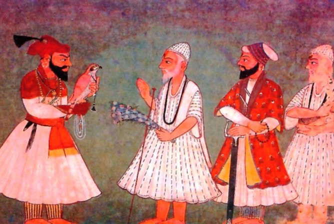 Гуру Говинд Сингх (с птицей) встречает Гуру Нанака. Рисунок. XVIII в.
