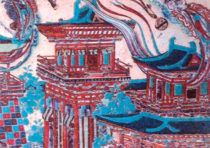Дворец. Фреска. Пещерный буддийский монастырь в Дуньхуане