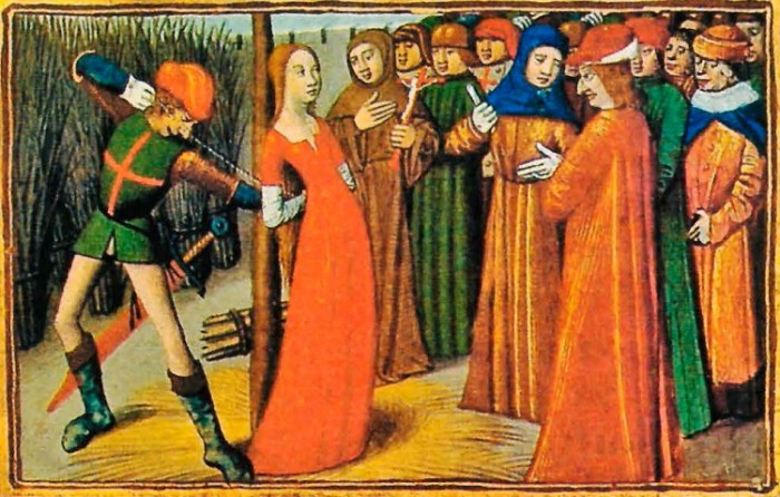 Монах-францисканец причащает Жанну перед сожжением. Миниатюра. XV в.