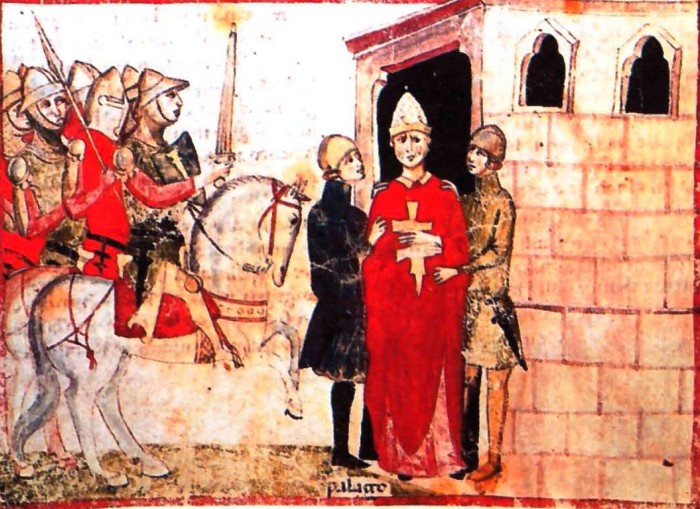 Папа Бонифаций VIII жестоко оскорблён посланниками Филиппа Красивого. Средневековая миниатюра