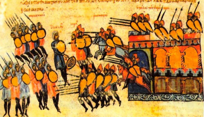 Битва ромеев с арабами у стен Эврипа. Миниатюра из Мадридской рукописи Скидицы. XIII в.