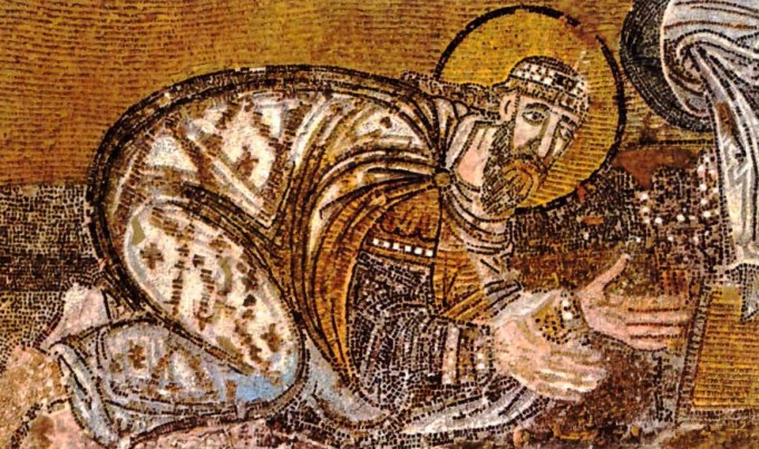 Император Лев VI, распростёршийся у ног Христа. Мозаика в храме Святой Софии. X в.