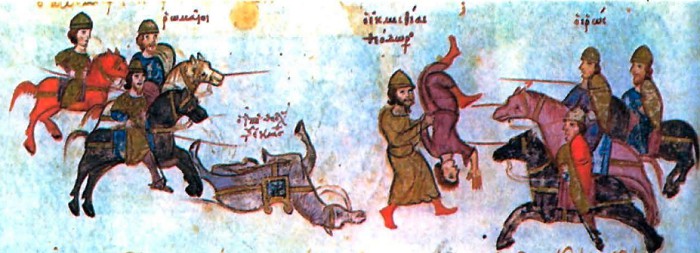 Битва Иоанна Цимисхия со Святославом Игоревичем под Силистрией в 971 г. Миниатюра из Мадридской рукописи Скилицы. XIII в.