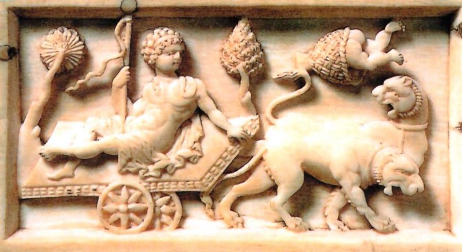 «Шкатулка Вероли» из слоновой кости, изображающая Диониса на колеснице, запряжённой львами