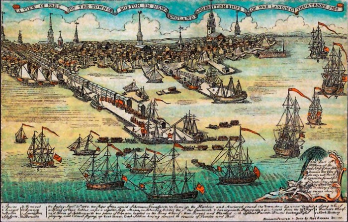 Вид Бостона в 1768 г. Военные корабли англичан высаживают войска. Цветная репродукция 1898 г. с гравюры 1768 г.